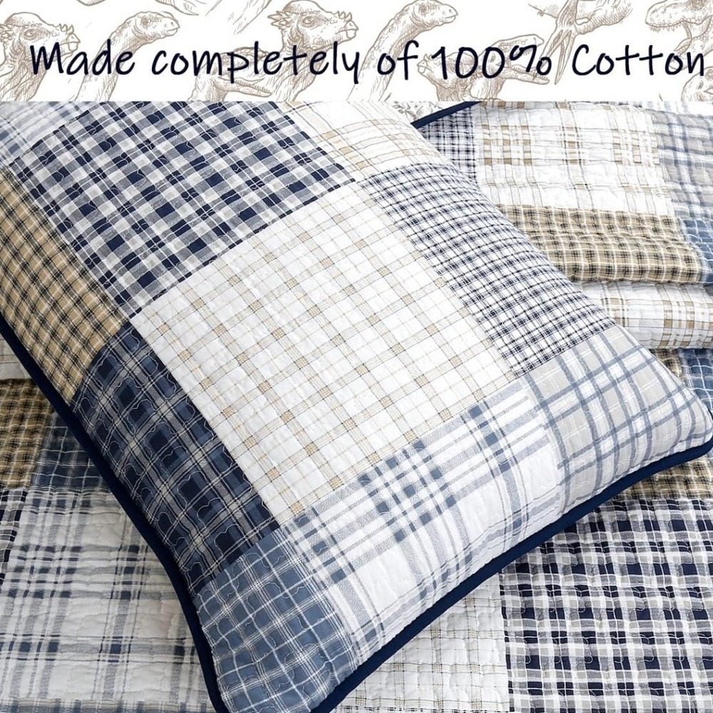 Cozy Line Home Fashion Quilt Set Queen Blue Plaid Cotton Pillow Sham Cottagecore - Picture 3 of 8